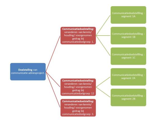 Projectdoelstellingen bereik je door communicatie-doelstellingen te bereiken. Communicatiedoelstellingen formuleer je per communicatie-doelgroep en per segment.